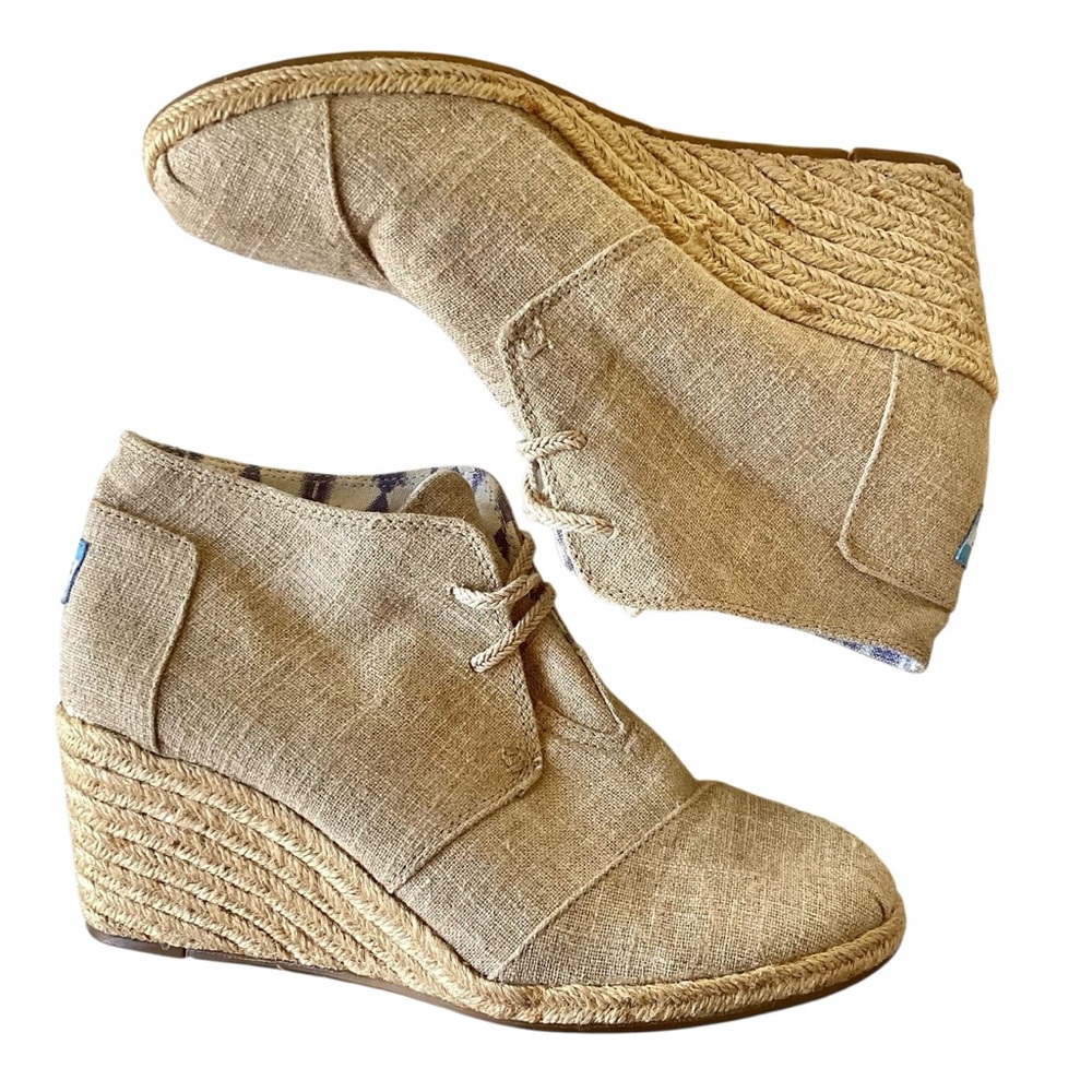 TOMS Desert Wedge Booties 10 Natural Burlap Lace-Up